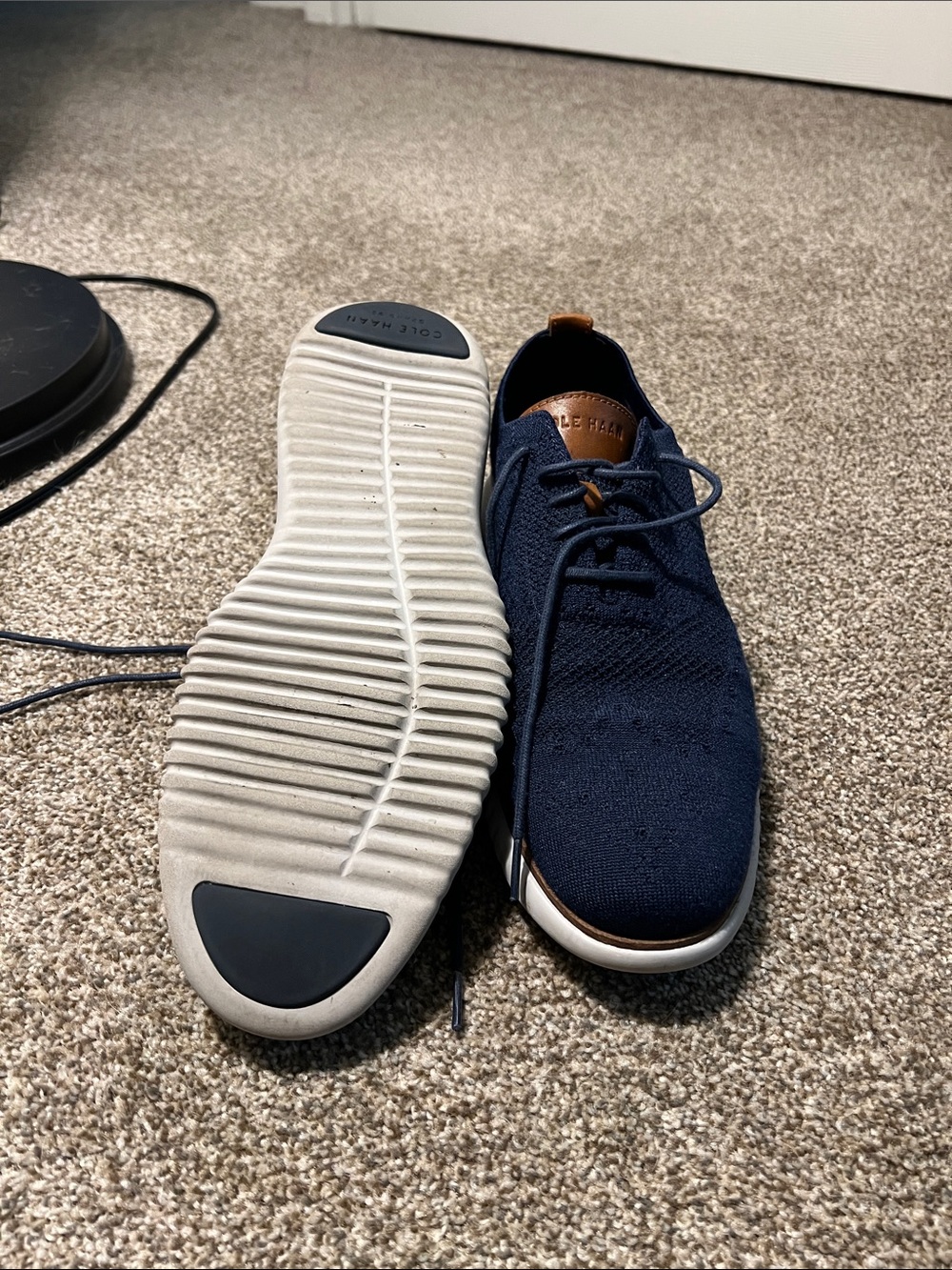 Cole Haan Navy Knit Lace-Up Slip-On Loafers with White Sole